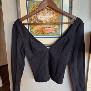Free People Black Long Sleeve V-Neck Fitted Top